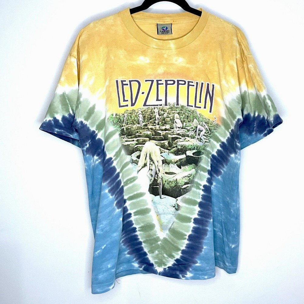 Vtg Led Zeppelin Houses Of The Holy Liquid Blue Tie Dye Band Shirt AOP Mens L